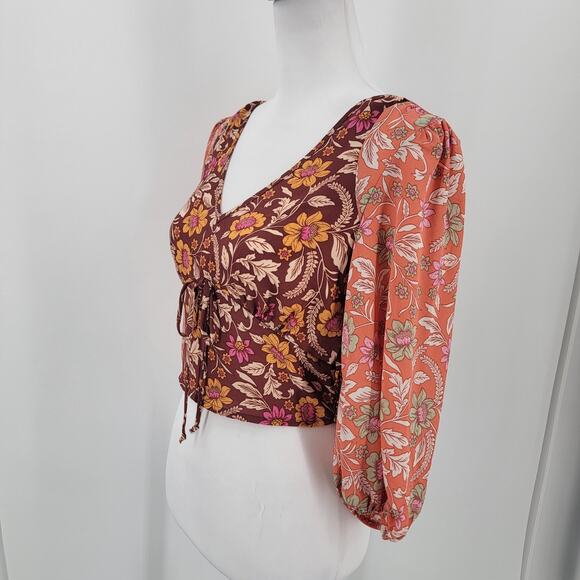 Sienna Sky Crop Top Womens Small Floral V Neck Balloon Sleeve Boho Cottage - Picture 4 of 10